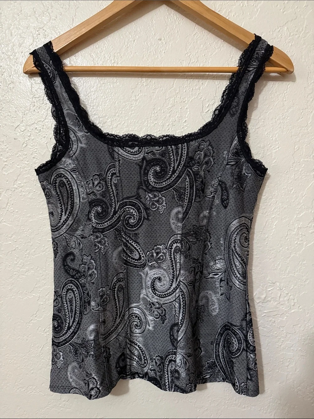 WHBM S Metallic Paisley Corset Cami Bustier Sweetheart Neckline Lace Trim Y2K